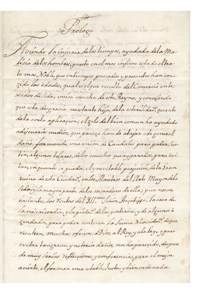 Item ID: 6562 Mid-18th-century Spanish manuscript regarding the establishment of a “Union de Caudales,” to support a local silk factory in Valencia. SILK.