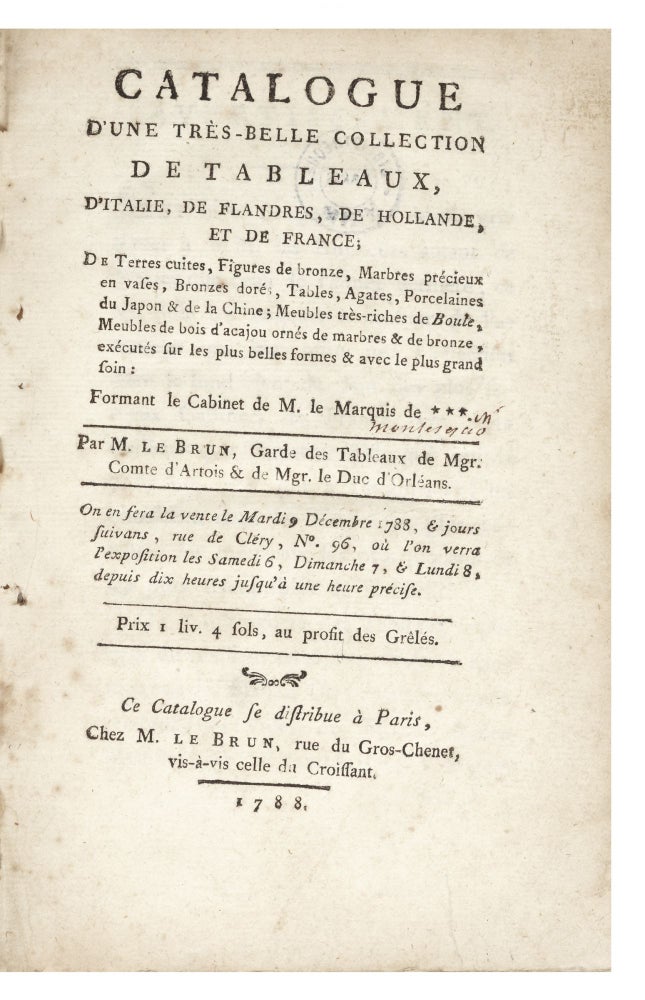 Item ID: 6647 Catalogue d’une très-belle Collection de Tableaux, d’Italie, de Flandres, de...