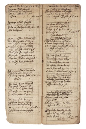 Manuscript in German, written in ink in several clerical hands on paper, entitled “Laus Deo. Anno Christi 1598. Leibtziger Ostermarck Büchlein Sambt. [with the hallmark of Straub] Schüld unnd Gegen-Schüldt Register. Gott der Almechtige verleye seinen gotlichen Segen tzü Nützbarlicher verrichtung Unnd Einbringung der Schulden Amen” [trans.: “Praise God. Anno Christi 1598. Leipzig Easter Fair booklet including a register of debts and counter debts. May God the Almighty give his divine blessing to the advantageous performance and recovery of these debts. Amen”].