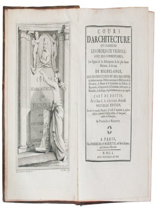 Cours d’Architecture qui comprend les Ordres de Vignole, avec des Commentaires, les Figures & les Descriptions de ses plus beaux Bâtimens, & de ceux de Michel-Ange, des Instructions et des Preceptes & plusieurs nouveaux Desseins concernant la Distribution & la Décoration, la Matiere & la Construction des Edifices, la Maçonnerie, la Charpenterie, la Couverture, la Serrurerie, la Menuiserie, le Jardinage, & généralement tout ce qui regarde l’Art de Bastir…Nouvelle Edition, enrichie de nouvelles Planches, & revûë & augmentée de plusieurs Desseins conformes à l‘Usage présent, & d’un grand Nombre de Remarques, par Pierre-Jean Mariette.