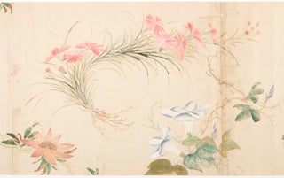 Scroll on paper entitled from label at beginning (in trans.) “[Three characters we can’t read] Four Seasons Plants and Flowers Illustrated. One Scroll.”