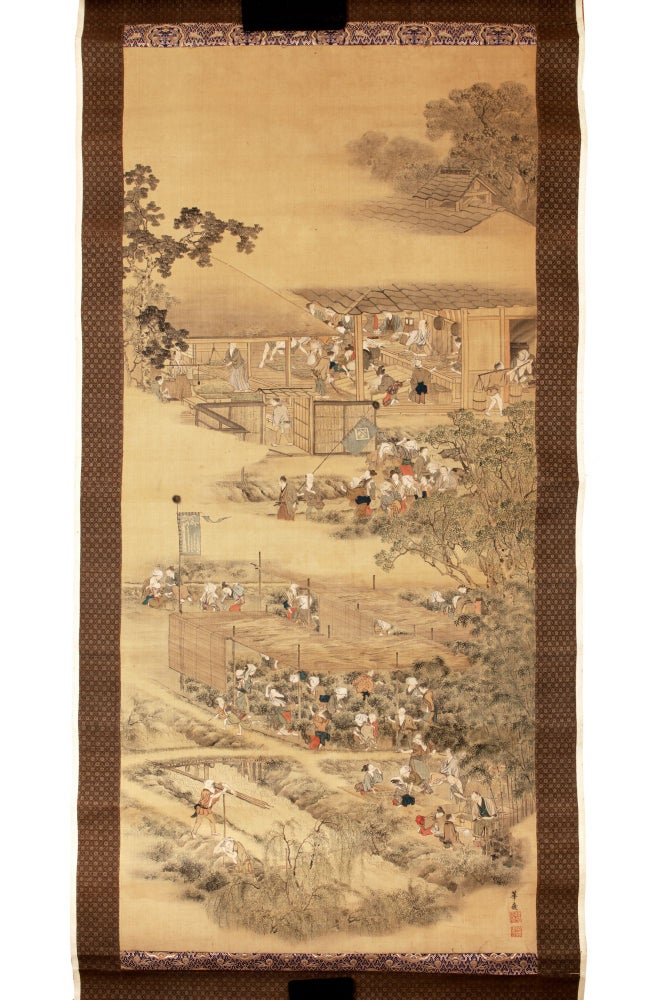 Item ID: 6951 Two hanging scrolls, painted on silk in ink & colors (555 x 1215 mm.), carefully mounted on paper-backed silk, with silk brocade frames at each end & sides, depicting the cultivation, processing, and packaging of tea leaves by the Kanbayashi family of tea producers for the shogun and his circle. TEA PRODUCTION FOR THE SHOGUN.