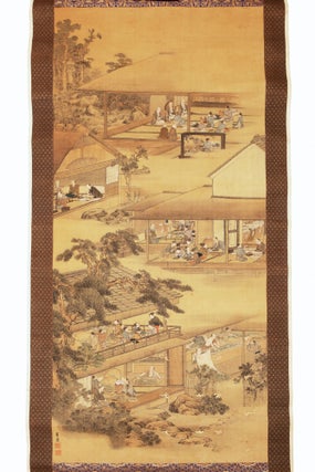 Two hanging scrolls, painted on silk in ink & colors (555 x 1215 mm.), carefully mounted on paper-backed silk, with silk brocade frames at each end & sides, depicting the cultivation, processing, and packaging of tea leaves by the Kanbayashi family of tea producers for the shogun and his circle.