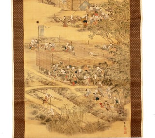 Two hanging scrolls, painted on silk in ink & colors (555 x 1215 mm.), carefully mounted on paper-backed silk, with silk brocade frames at each end & sides, depicting the cultivation, processing, and packaging of tea leaves by the Kanbayashi family of tea producers for the shogun and his circle.