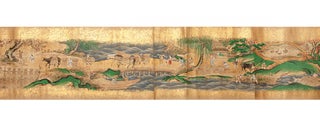 Two fine & luxuriously painted scrolls (260 x 4900 mm.; 260 x 4930 mm.) on mica paper, gold-flaked on verso, with gold endpapers at each end of both scrolls, endpapers backed with orig. silk brocade at beginning of each scroll.