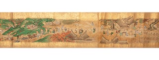 Two fine & luxuriously painted scrolls (260 x 4900 mm.; 260 x 4930 mm.) on mica paper, gold-flaked on verso, with gold endpapers at each end of both scrolls, endpapers backed with orig. silk brocade at beginning of each scroll.