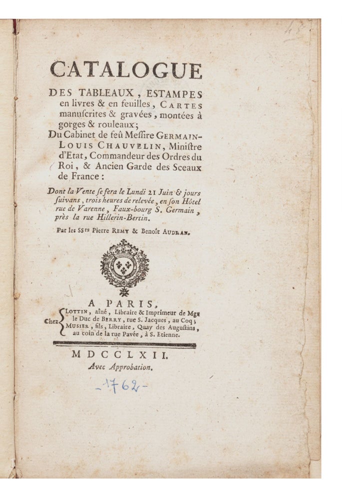 Item ID: 7096 Catalogue des Tableaux, Estampes en livres & en feuilles, Cartes manuscrites &...