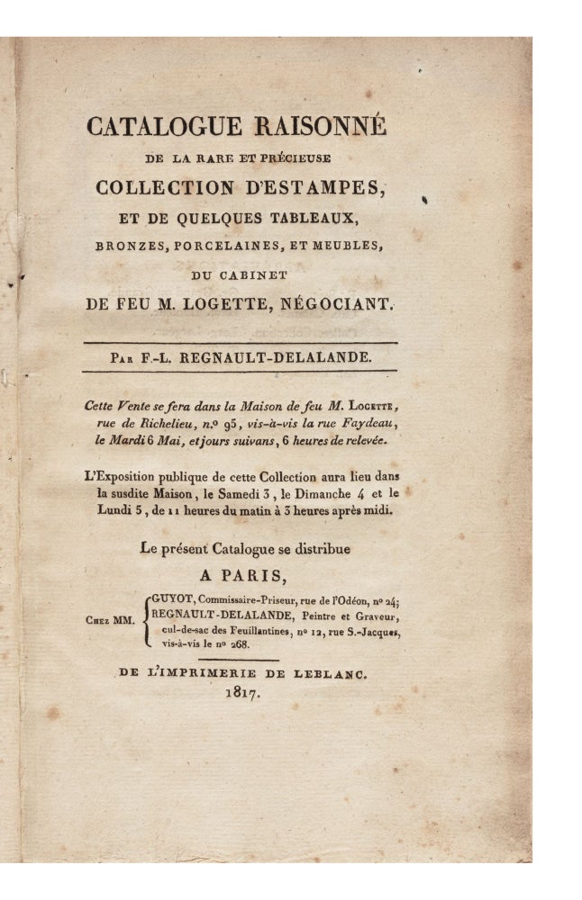 Item ID: 7097 Catalogue raisonné de la rare et précieuse Collection d’Estampes, et de...