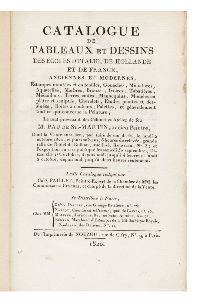 Item ID: 7100 Catalogue de Tableaux et Dessins des Ecoles d’Italie, de Hollande et de France,...
