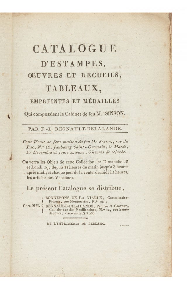 Item ID: 7104 Catalogue d’Estampes, Oeuvres et Recueils, Tableaux, Empreintes et Médailles qui...