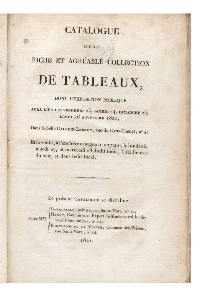Item ID: 7174 Catalogue d’une riche et agréable Collection de Tableaux, Et la vente…le lundi...