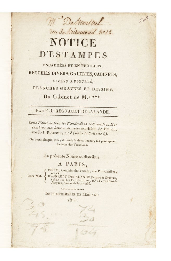 Item ID: 7200 Notice d’Estampes…Recueils divers, Galeries, Cabinets, Livres a figures,...