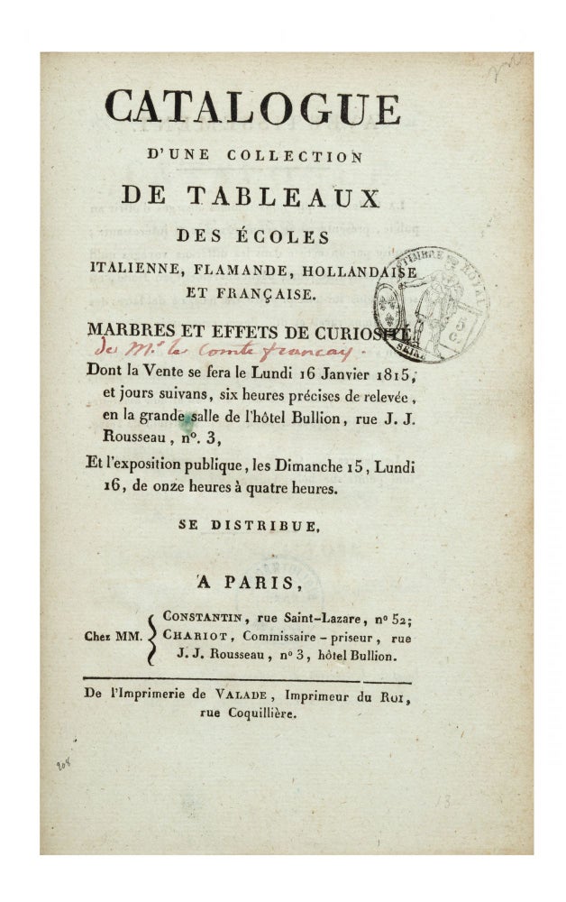 Item ID: 7302 Catalogue d’une Collection de Tableaux des Ecoles Italienne, Flamande,...