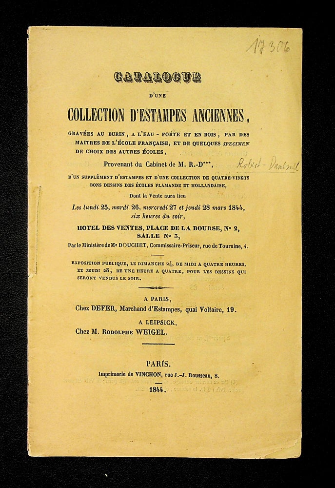 Item ID: 7309 Catalogue d’une Collection d’Estampes Anciennes…[25 mars 1844]. Alexandre...
