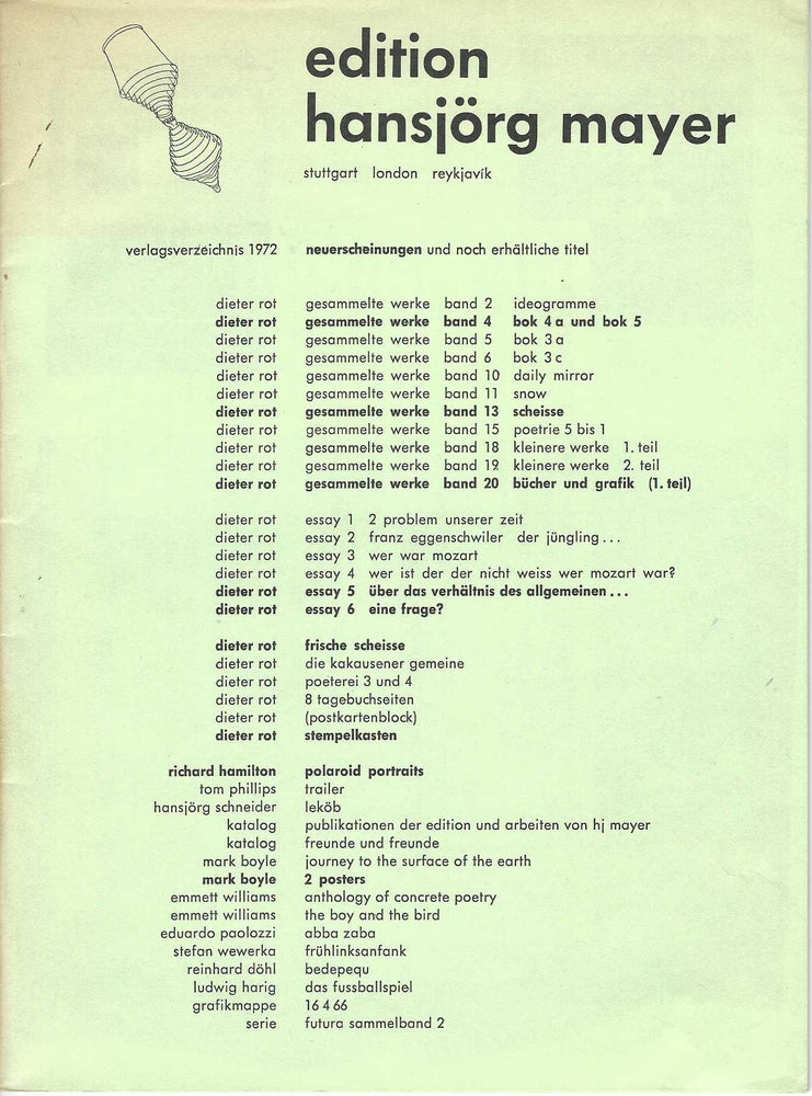 Item ID: 7316 [From upper cover]: verlagsverzeichnis 1972, neuerscheinungen und noch erhältliche titel. publisher EDITION HANSJÖRG MAYER.