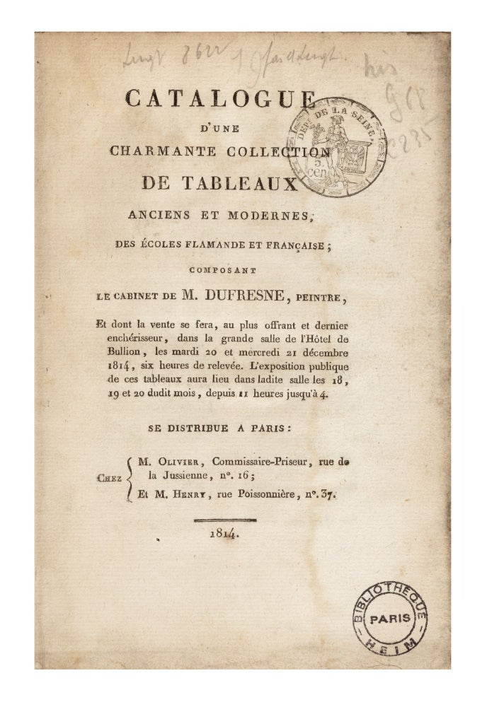 Item ID: 7325 Catalogue d’une charmante Collection de Tableaux anciens et modernes, des Ecoles...