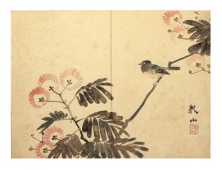 Two orihon (accordion) albums containing 24 double-page ink & brush paintings, each 480 x 360 mm., entitled, from the manuscript labels on the upper covers “Ogata Kenzan kindei kacho gajo” [“Flowers & Birds, Heightened with Gold Sprays, by Ogata Kenzan”].