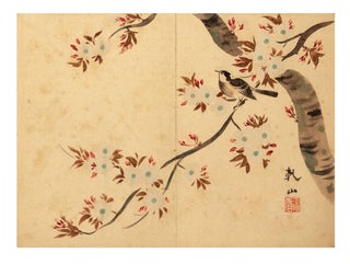 Two orihon (accordion) albums containing 24 double-page ink & brush paintings, each 480 x 360 mm., entitled, from the manuscript labels on the upper covers “Ogata Kenzan kindei kacho gajo” [“Flowers & Birds, Heightened with Gold Sprays, by Ogata Kenzan”].