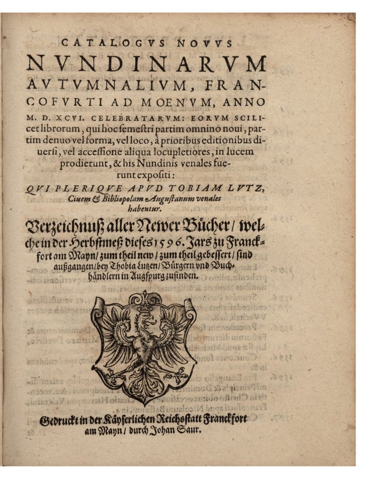 Item ID: 7439 Catalogus Novus nundinarum Autumalium, Francofurti ad Moenum, anno M. D. XCVI....