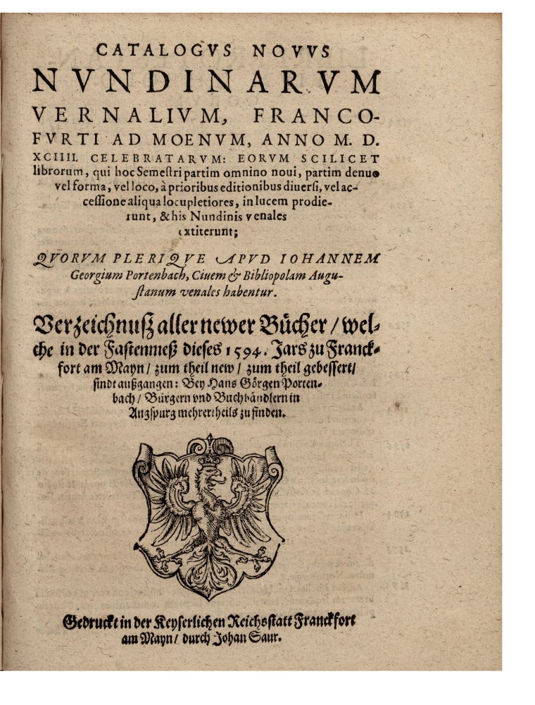 Item ID: 7441 Catalogus Novus nundinarum Vernalium, Francofurti ad Moenum, anno M. D. XCIIII....