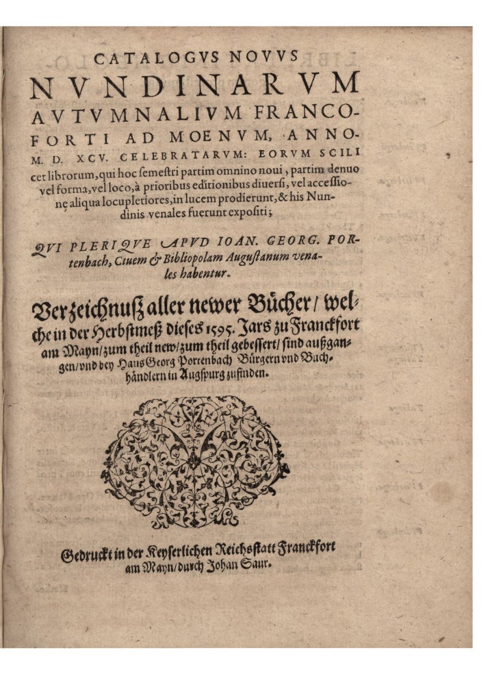 Item ID: 7442 Catalogus Novus nundinarum Autumnalium Francofurti ad Moenum, anno M. D. XCV....