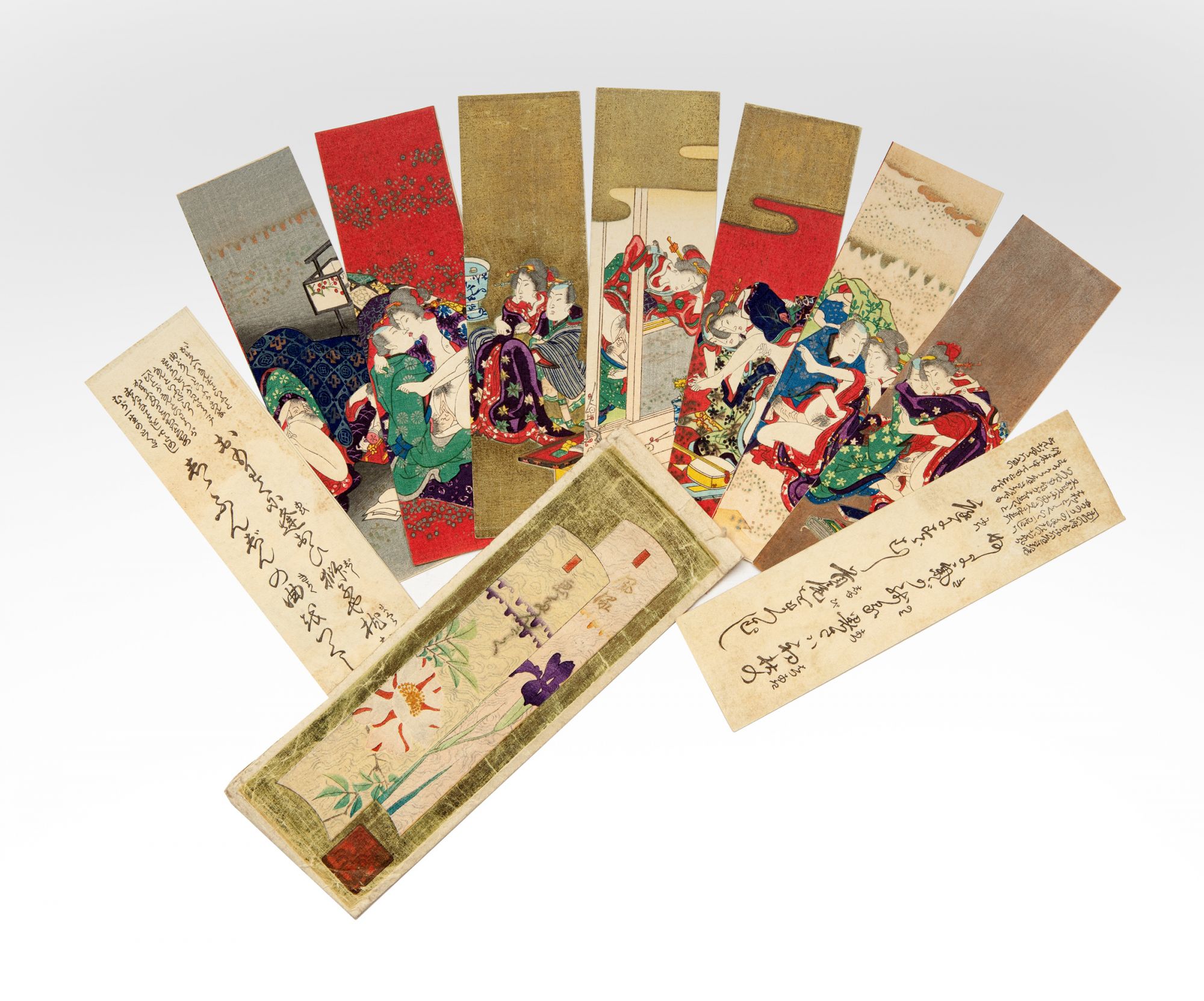 Ten tanzaku tall narrow cards for printing poetry , each consisting of two  panels of thick paper joined at head, the upper card with an erotic color- printed woodcut, the lower with printed