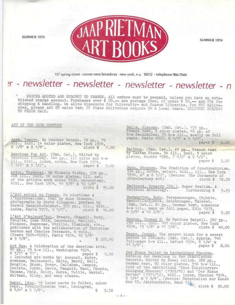 Item ID: 7832 Summer 1974 Newsletter. INC. ART BOOKS JAAP RIETMAN, bookseller