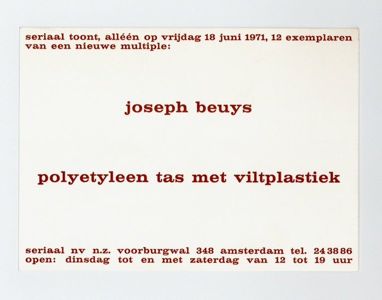 Item ID: 8002 Announcement card: Joseph Beuys: polyetyleen tas met viltplastiek (18 June 1971)....