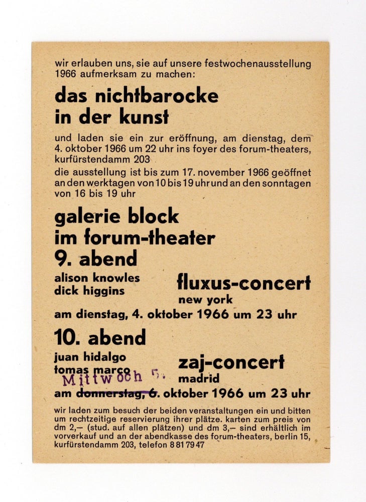 Item ID: 8068 Announcement card: das nichtbarocke in der kunst (4 October-17 November 1966)....