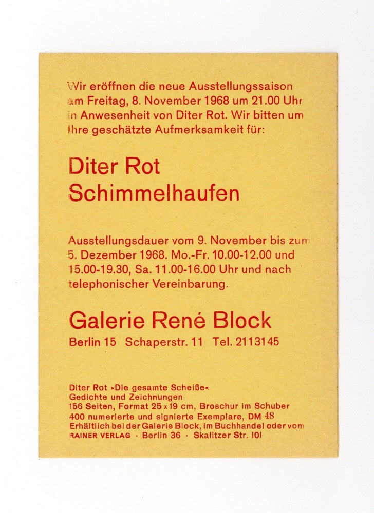 Item ID: 8070 Announcement card: Diter Rot: Schimmelhaufen (9 November-5 December 1968). dealer...