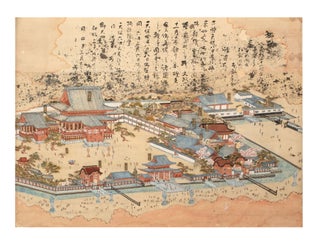 A beautifully illustrated scroll on paper, depicting the Higashi Hongan-ji Temple complex in. Kyoto HIGASHI HONGAN-JI TEMPLE.