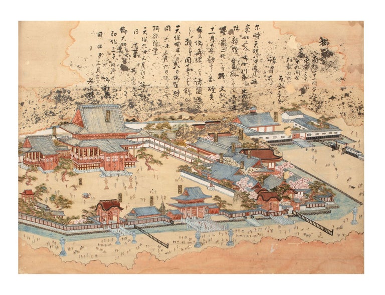 Item ID: 8115 A beautifully illustrated scroll on paper, depicting the Higashi Hongan-ji Temple complex in Kyoto, established in 1602 by the shogun Ieyasu Tokugawa. Kyoto HIGASHI HONGAN-JI TEMPLE.