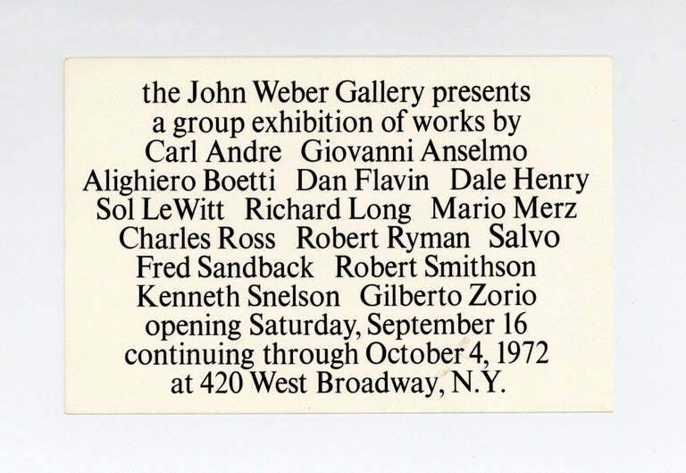 Item ID: 8264 Exhibition card: a group exhibition of works by Carl Andre, Giovanni Anselmo,...