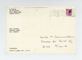 Exhibition postcard: Dan Flavin, Donald Judd, Sol LeWitt (opens 11 June 1974).