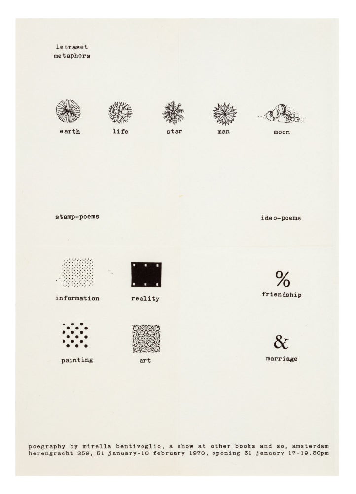Item ID: 8426 A4 exhibition flyer: poegraphy by mirella bentivoglio, a show at other books and so (31 January-18 February 1978). Mirella BENTIVOGLIO.