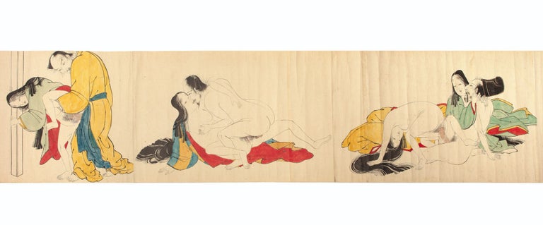Item ID: 8537 Scroll on paper, with 12 erotic paintings, including one of two lesbians, in brush & ink and color washes. HEIAN STYLE EROTIC SCROLL.