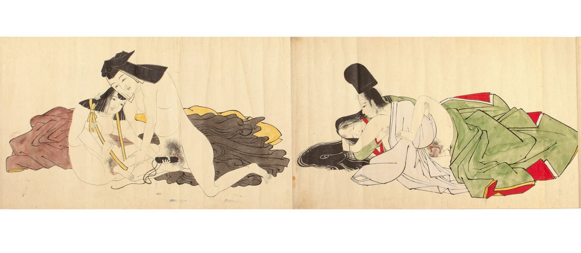 Scroll on paper, with 12 erotic paintings, including one of two lesbians,  in brush & ink and color washes by HEIAN STYLE EROTIC SCROLL on JONATHAN A.  ...