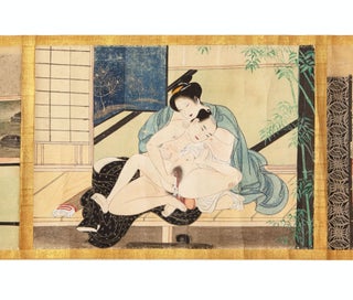 Scroll on paper, consisting of 12 scenes painted on paper (each 192 x ca. 265 mm.), & pasted on gold silk, which, in turn, has been backed with speckled paper.