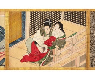 Scroll on paper, consisting of 12 scenes painted on paper (each 192 x ca. 265 mm.), & pasted on gold silk, which, in turn, has been backed with speckled paper.