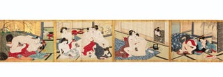 Scroll on paper, consisting of 12 scenes painted on paper (each 192 x ca. 265 mm.), & pasted on gold silk, which, in turn, has been backed with speckled paper.