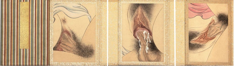 Item ID: 8573 A collection of 12 highly detailed & explicit paintings (each 190 x 132 mm.) of vulvas, some with penises & hands evident, pasted in an orihon (accordion format). EROTIC PAINTINGS.