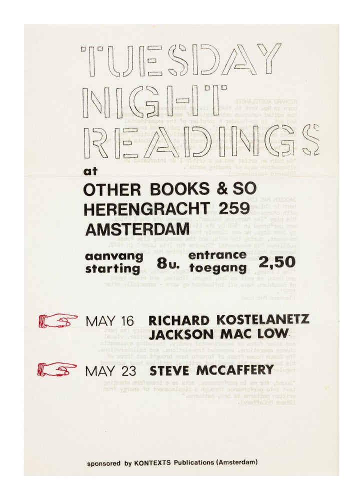 Item ID: 8589 A4 event flyer: Tuesday Night Readings at Other Books & So, Herengracht 259,...