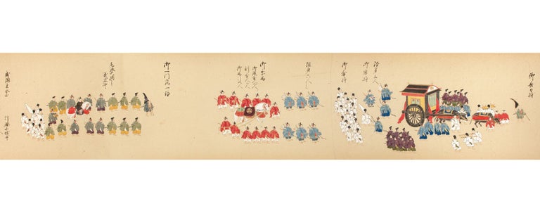 Item ID: 8649 Two scrolls, the first finely illustrated, each entitled in manuscript on gold-paper labels on outer endpapers: “Gojorakunoki” [“Details of the Emperor’s Visit to [Nijo Castle in] Kyoto”]. EMPEROR GOMIZUNOO’S VISIT TO NIJO CASTLE.