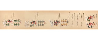 Two scrolls, the first finely illustrated, each entitled in manuscript on gold-paper labels on outer endpapers: “Gojorakunoki” [“Details of the Emperor’s Visit to [Nijo Castle in] Kyoto”].