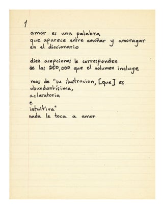 The autograph manuscript for amor, la palabra (1973), ink on paper, ruled notebook.