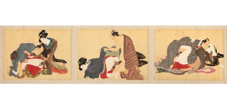 Item ID: 8670 Picture scroll, entitled on label on outside of front silk-brocade endpaper “Shunsho no mutsu hana” [“Flowering Intimate Moments at Dusk”], with 12 erotic paintings on silk panels (each ca. 245 x 342 mm.) & pasted on gold-speckled paper, with ample use of metallic pigments & paint made from ground-up seashells. EROTIC SCROLL.