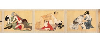 Picture scroll, entitled on label on outside of front silk-brocade endpaper “Shunsho no mutsu hana” [“Flowering Intimate Moments at Dusk”], with 12 erotic paintings on silk panels (each ca. 245 x 342 mm.) & pasted on gold-speckled paper, with ample use of metallic pigments & paint made from ground-up seashells.