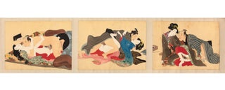 Picture scroll, entitled on label on outside of front silk-brocade endpaper “Shunsho no mutsu hana” [“Flowering Intimate Moments at Dusk”], with 12 erotic paintings on silk panels (each ca. 245 x 342 mm.) & pasted on gold-speckled paper, with ample use of metallic pigments & paint made from ground-up seashells.