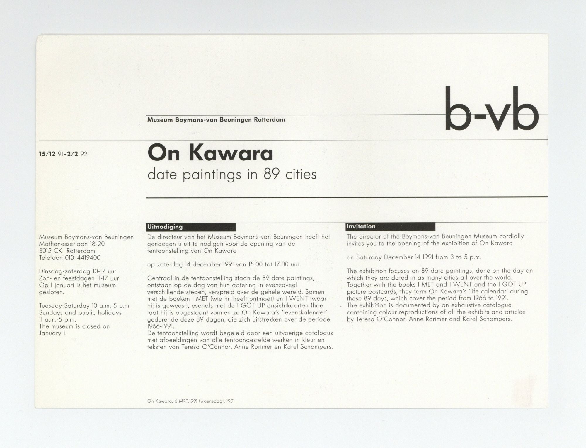 Exhibition card: On Kawara: date paintings in 89 cities 15 