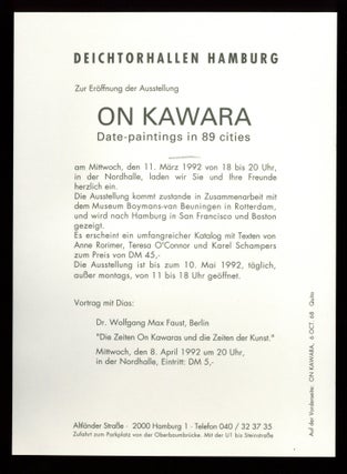 Exhibition card: On Kawara: Date-paintings in 89 cities (11 March-10 May 1992).